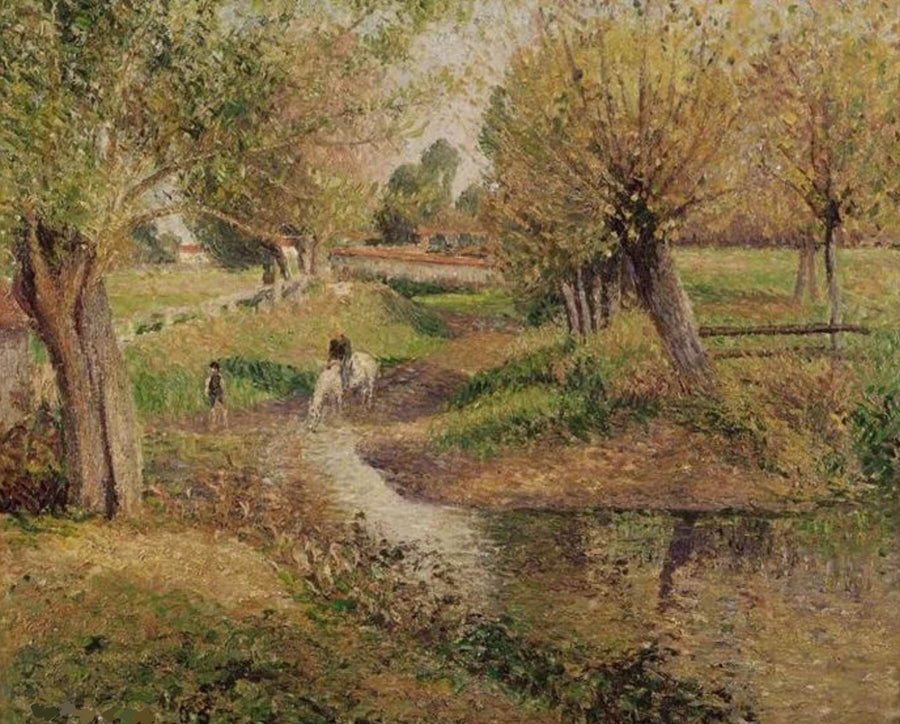 Äpfel und Birnen in einem runden Korb – Camille Pissarro