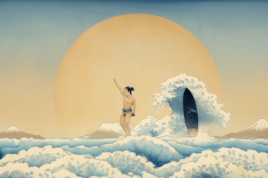 Surfer auf einer Welle in Tahiti x Hokusai