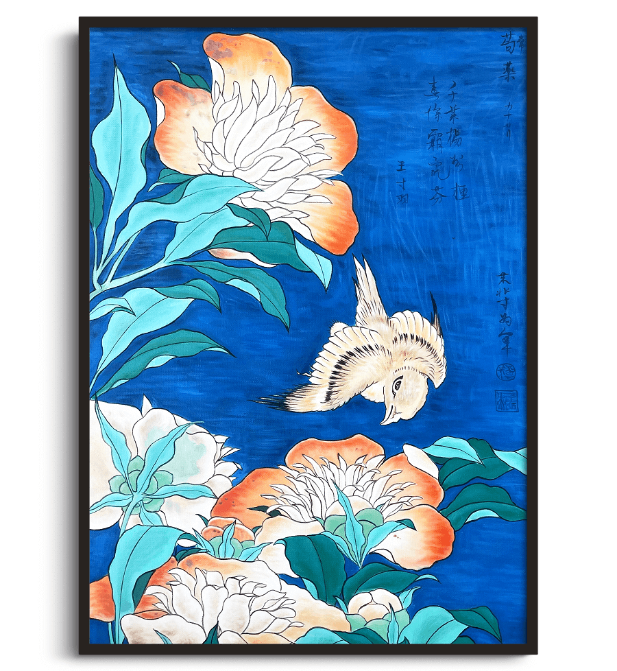 peinture hokusai représentant un canari et des pivoines